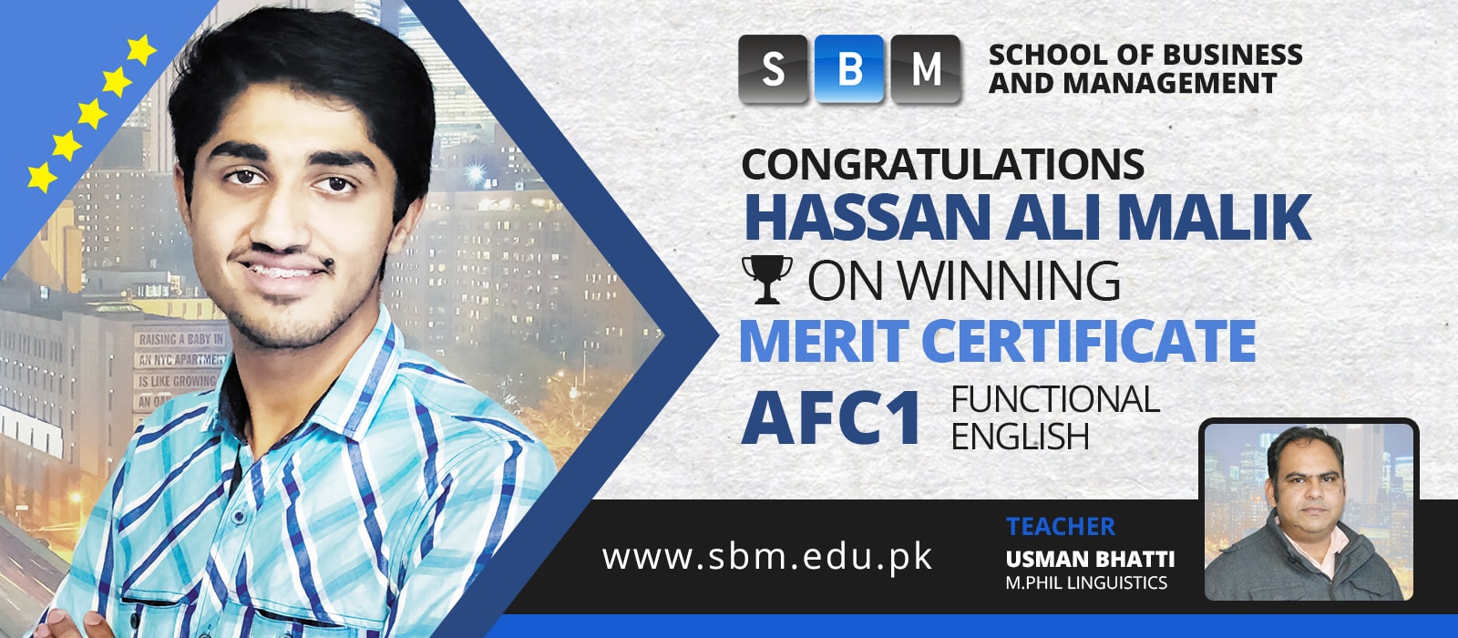 SBM's Student, Hassan Ali Malik, Wins Merit Certificate