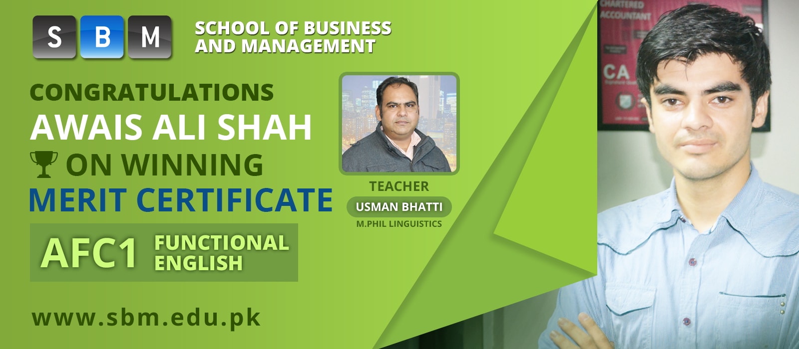 SBM's Student, Awais Ali Shah, Wins Merit Certificate